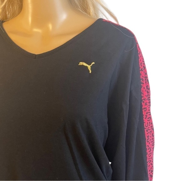 Puma Black & Pink Aniimal Print Detail V Neck Long Sleeve Tee - Picture 2 of 7